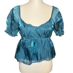 Thirty Thirty Teal Blue Puff Sleeve Cropped Blouse Women's Size S